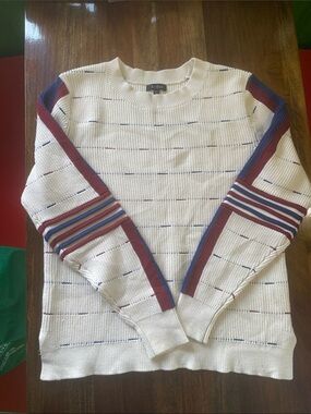 Alp N Rock Cream Crewneck Sweater with Burgundy and Navy Sleeve Stripes